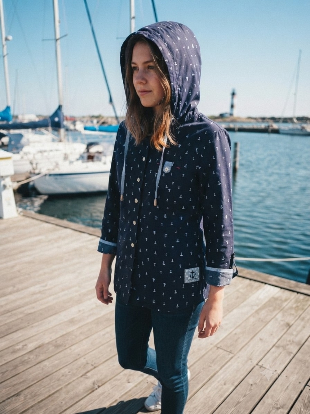 Women’s Navy Anchor-Print Hooded Utility Jacket
